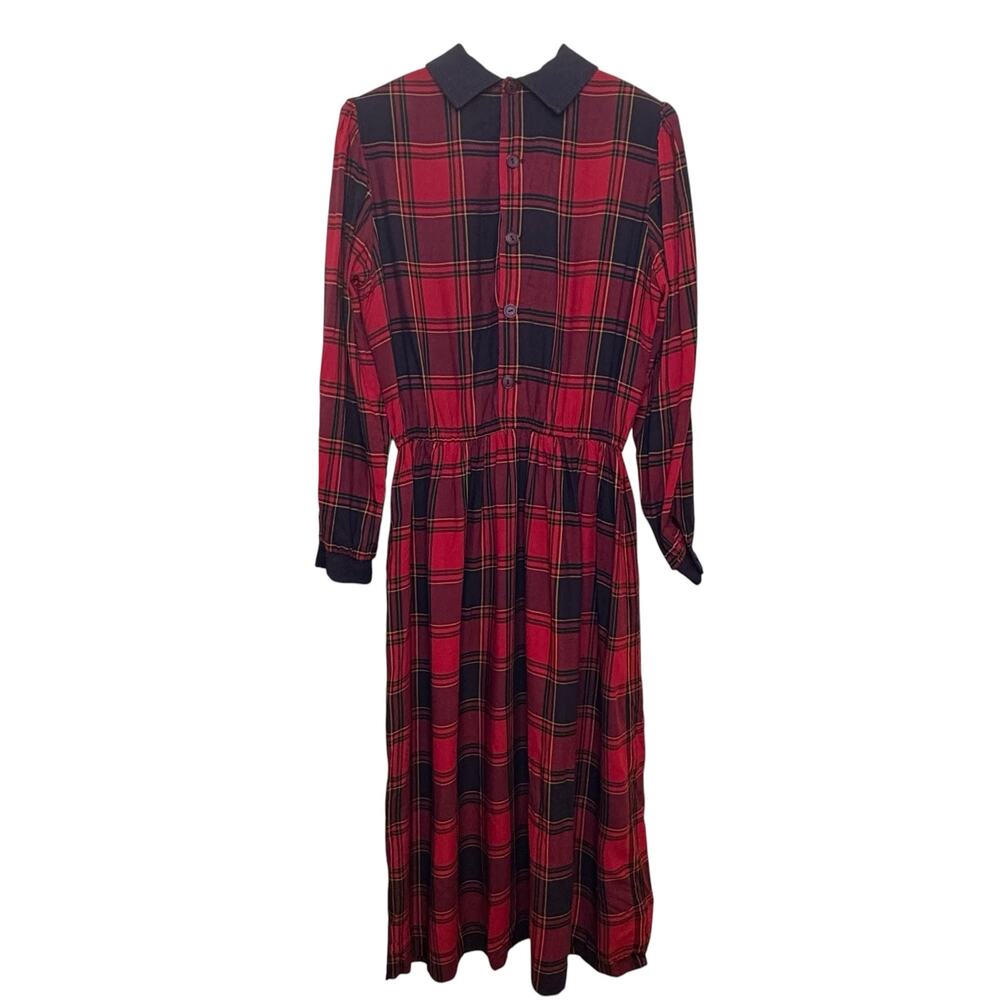 Vtg Lanz Originals Red Tartan Plaid Collared Back Buttons Rayon Size 12 USA Made - Picture 5 of 9